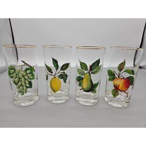 Mid Century Tumblers Applied Fruit Decoration 5-5/8" Tall Set Of 4